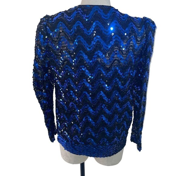 Three Flaggs Vintage Womens Top Size Medium Blue Sequin V Neck Long Sleeve - Picture 2 of 6